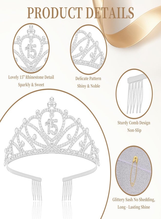 CUBACO 15th Birthday Crown and Sash Set It's My 15th Birthday Decorations for Girls Silver Crown/Tiara for Girls Happy 15 Birthday Party Supplies Corona Para 15 años Quinceañeras Silver - Image 3